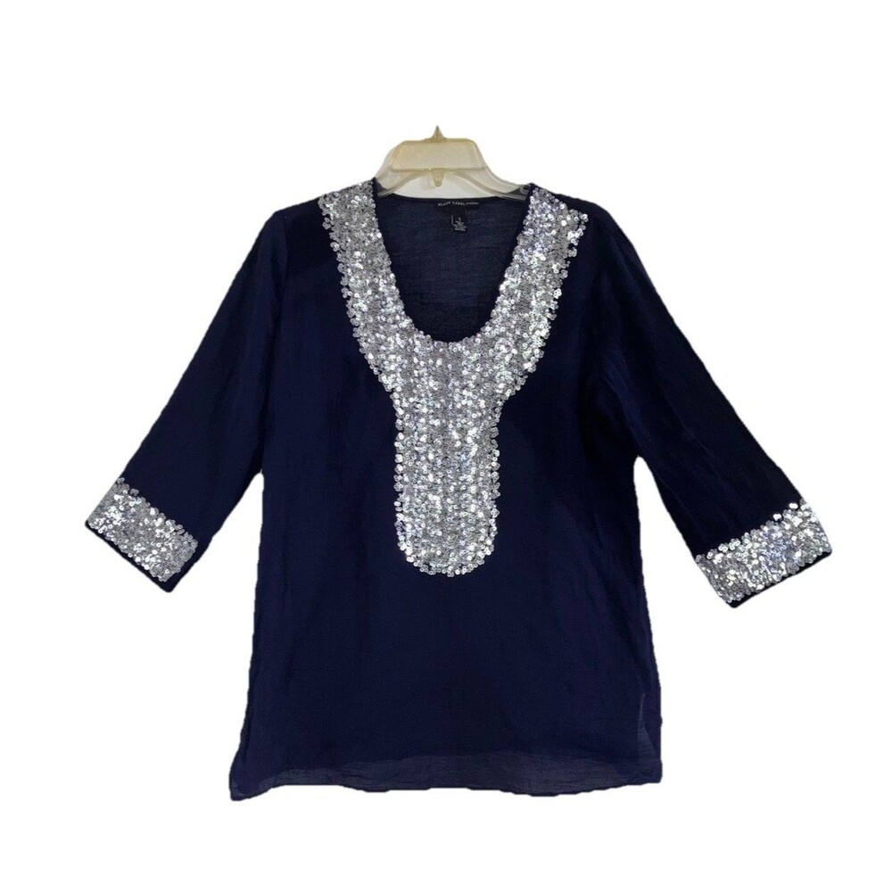 BLACK LABEL BY CHICO'S sz M / sz 1 Cotton Linen Silver Sequin 3/4 Sleeve Top